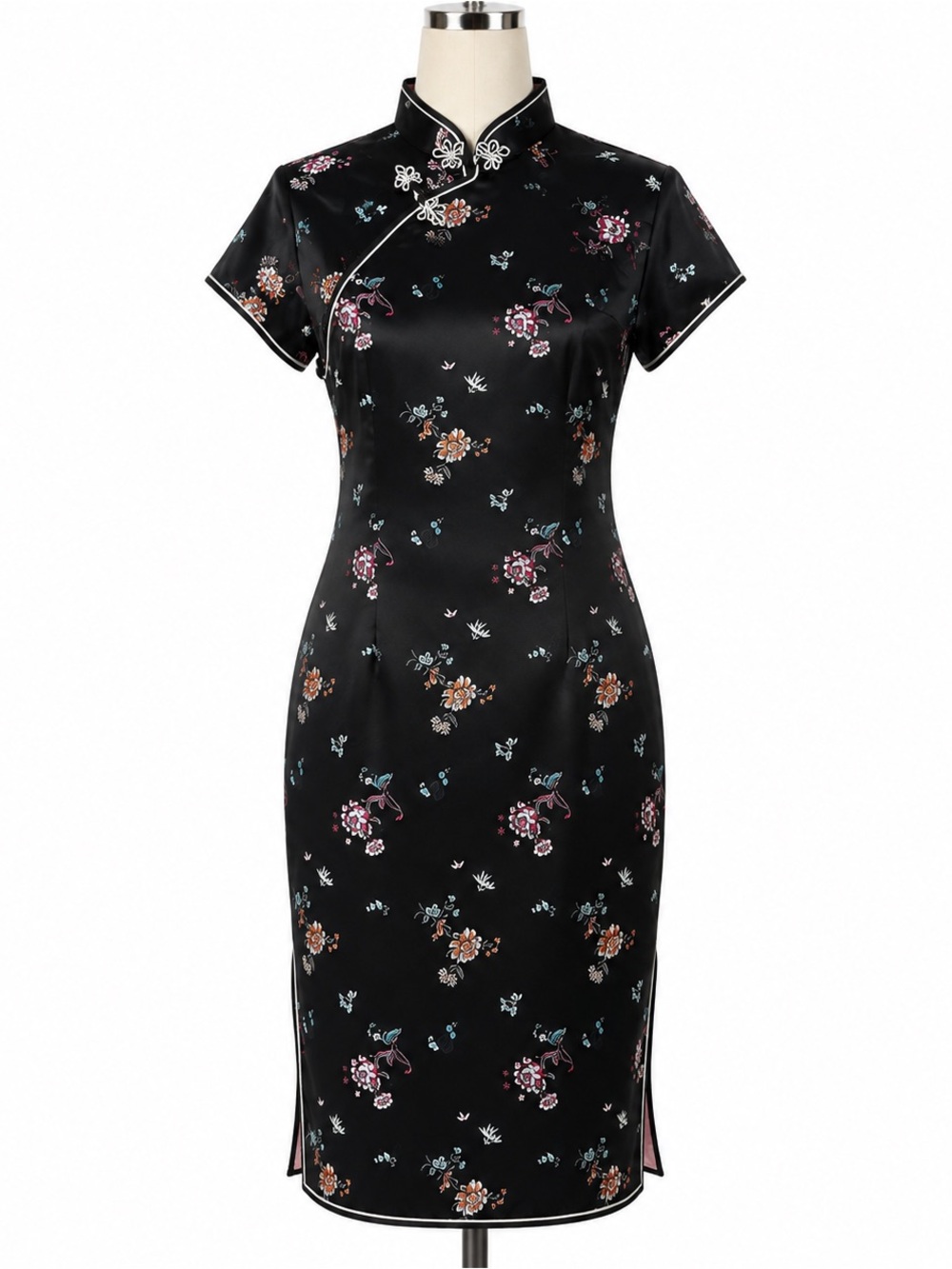 Handmade Black Japanese Traditional Cheongsam Kimono Dress- 40-Approx. 4-6